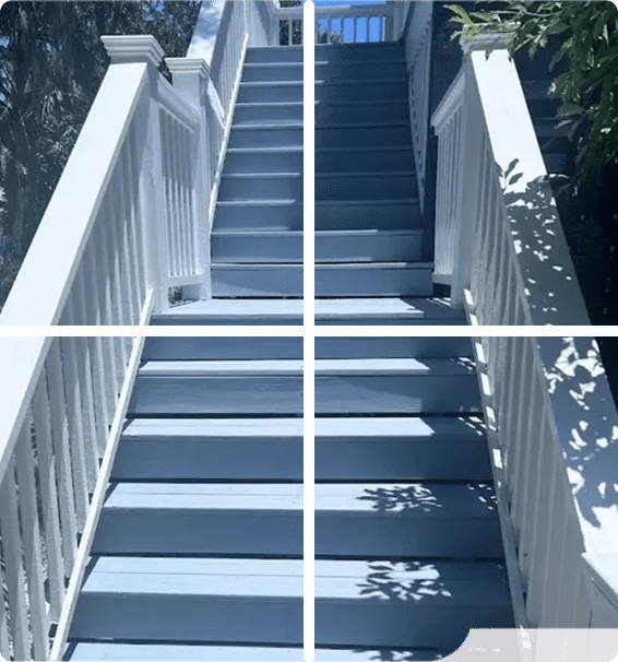 A photo of the bottom of stairs with a green line drawn across it.