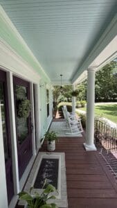 Large Front Porch with wood deck and Piazza Blue ceiling