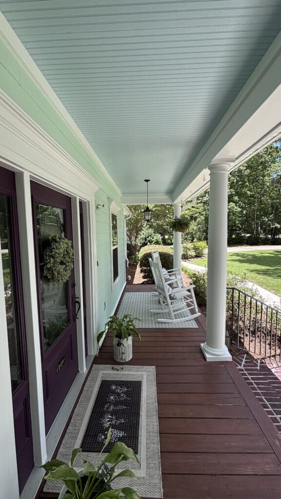 Large Front Porch with wood deck and Piazza Blue ceiling