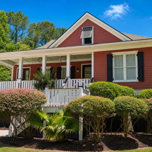 Charleston SC Exterior House Painting | Low Country Painting Professional exterior house painting in Charleston, SC featuring red siding, crisp white trim, and black shutters.